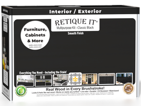 Retique It Multi-purpose Smooth Finish Kit in Classic Black for wood, includes exterior top coat with matte finish, compact box image.