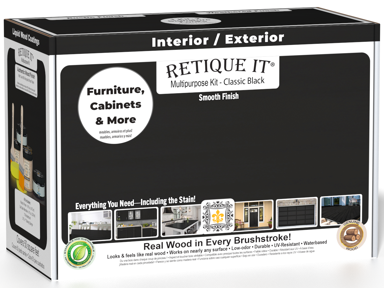 Retique It Multi-purpose Smooth Finish Kit in Classic Black, exterior top coat with matte finish for wood surfaces.