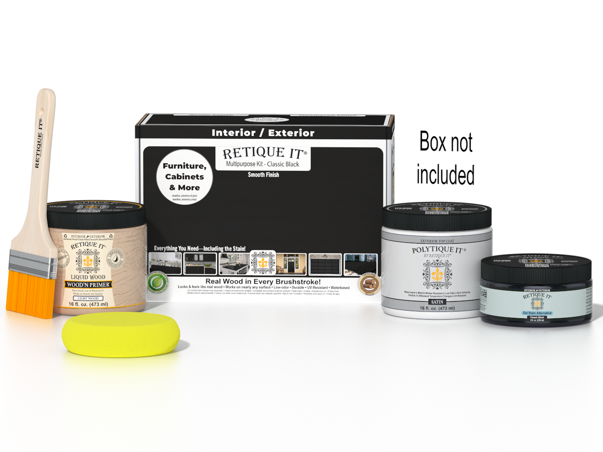 Retique It Multi-purpose Smooth Finish Kit in Classic Black for exterior wood, includes top coat and application tools.
