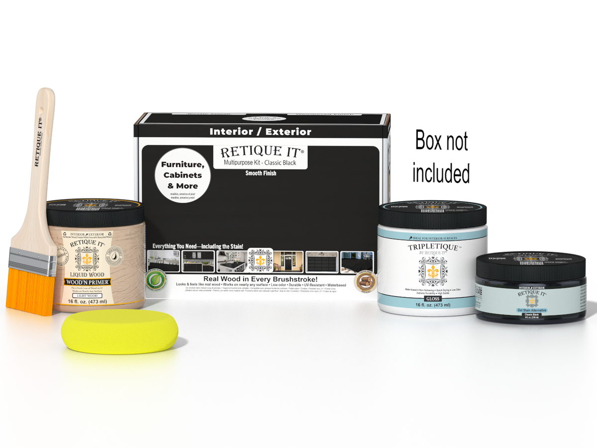 Retique It Multi-purpose Smooth Finish Kit in classic black for interior wood top coat with gloss finish, includes application tools and box.