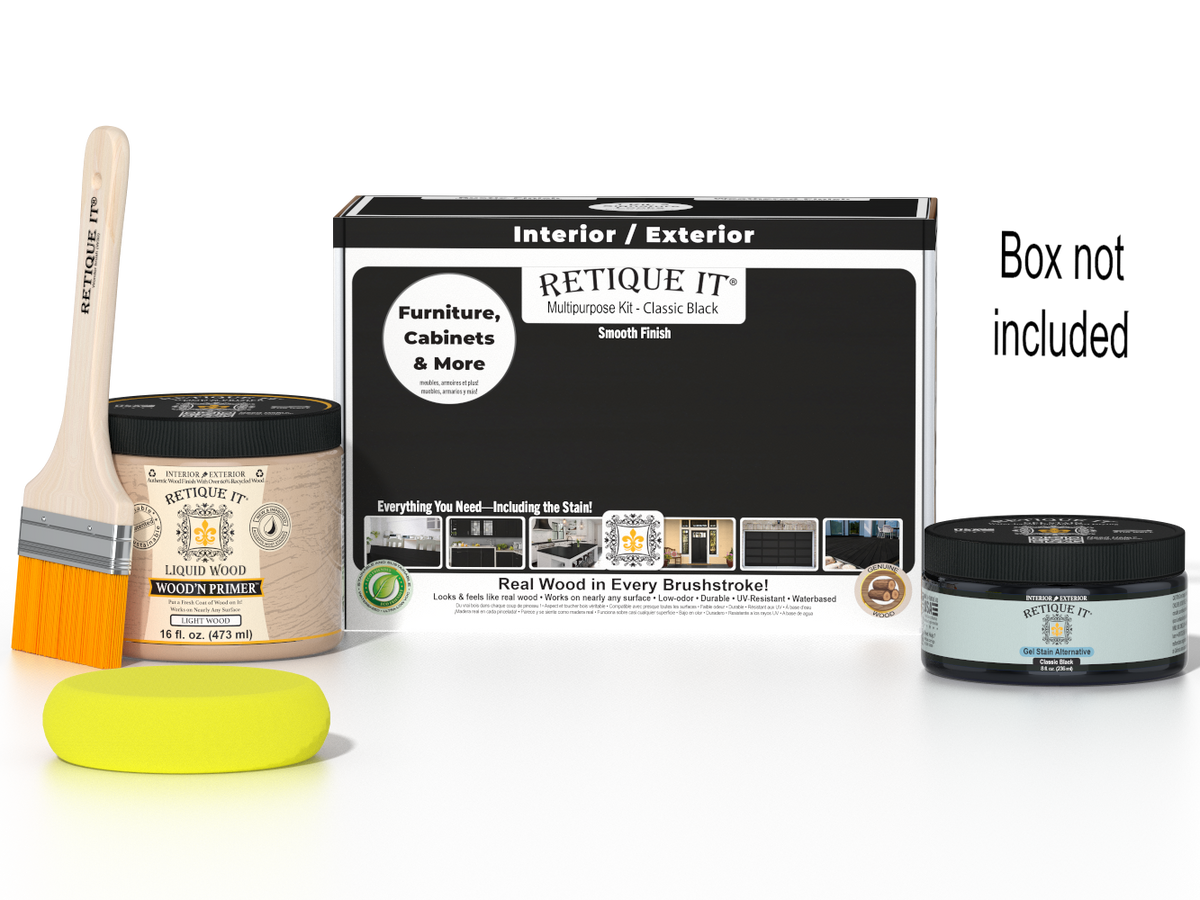 Retique It® Multi-purpose Smooth Finish Kit in Classic Black, medium size, with wood finishing tools and supplies in the box.
