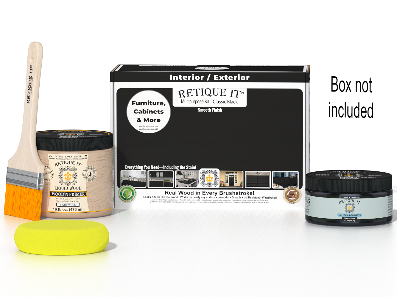 Retique It® Multi-purpose Smooth Finish Kit in Classic Black, medium size, with wood finishing tools and supplies in the box.
