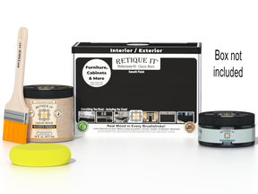 Retique It® Multi-purpose Smooth Finish Kit in Classic Black, medium size, with wood finishing tools and supplies in the box.