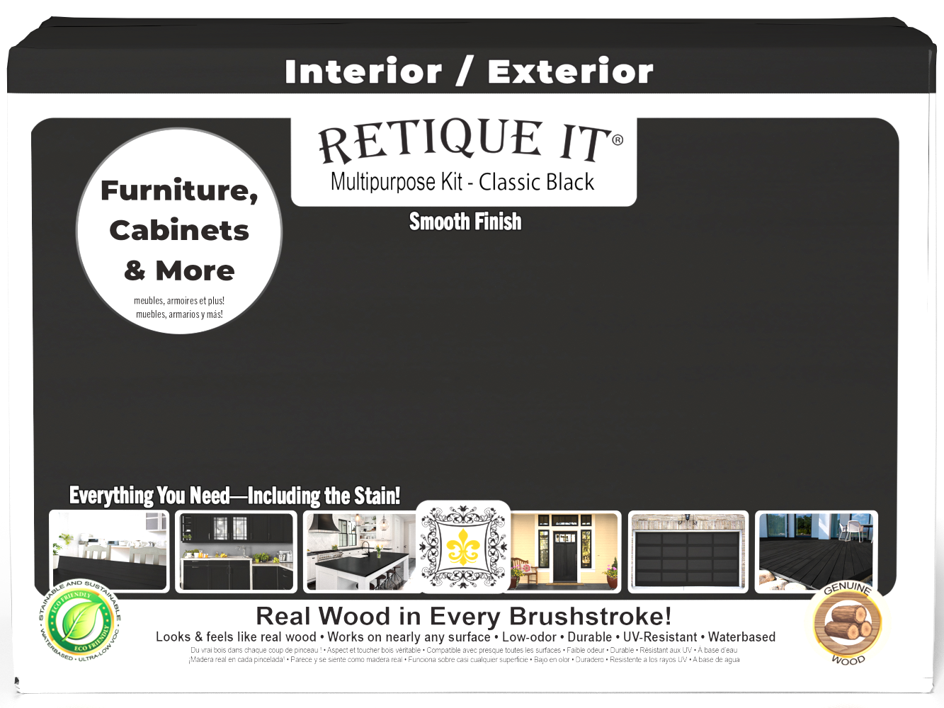 Retique It® Large black wood finish kit with satin exterior top coat, including smooth finish components for multi-purpose use.
