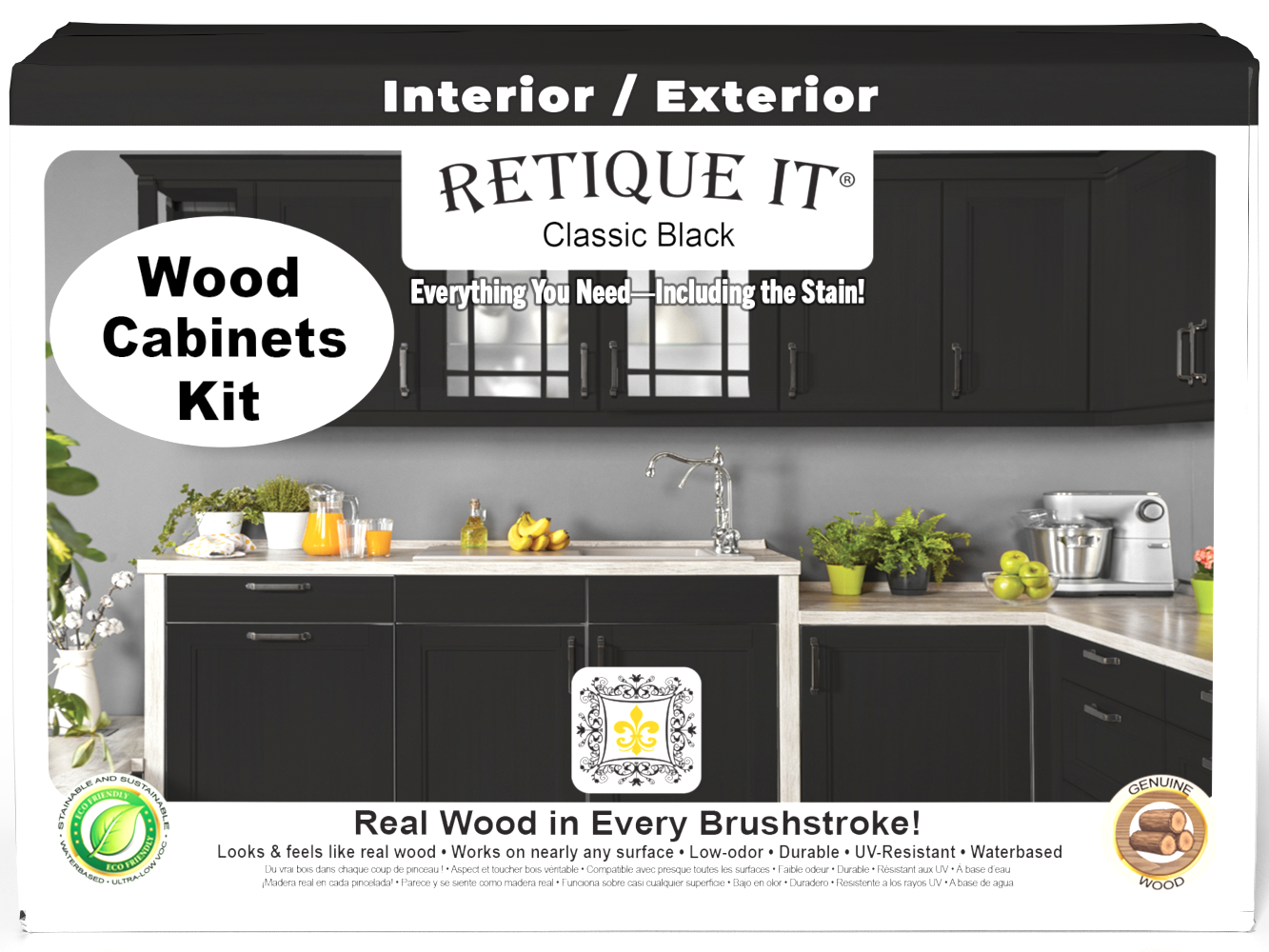 Retique It® Wood'n Cabinet Kit with 12 smooth doors in classic black, designed for staining and cabinet renovation.