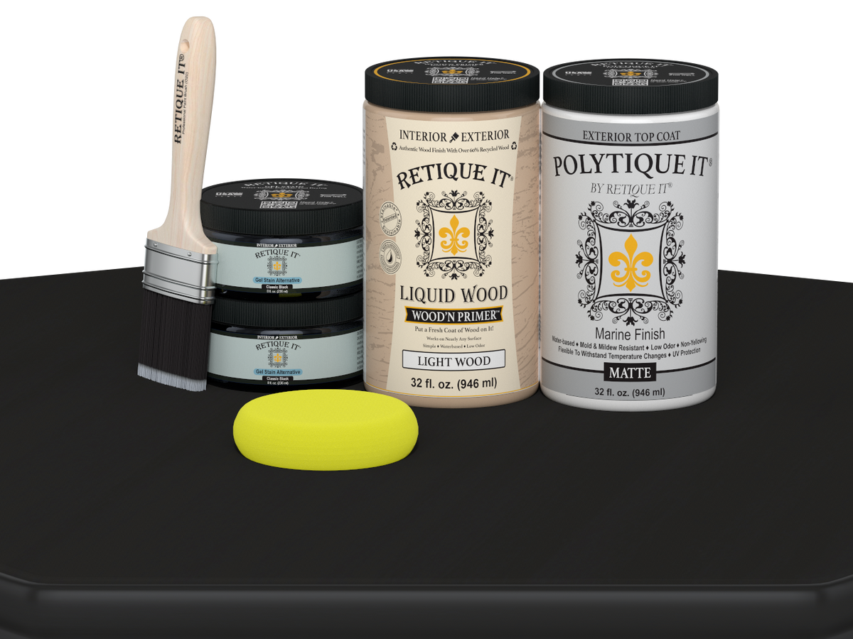 Retique It® large black wood finish kit with satin exterior top coat, includes smooth finish components for multi-purpose use.