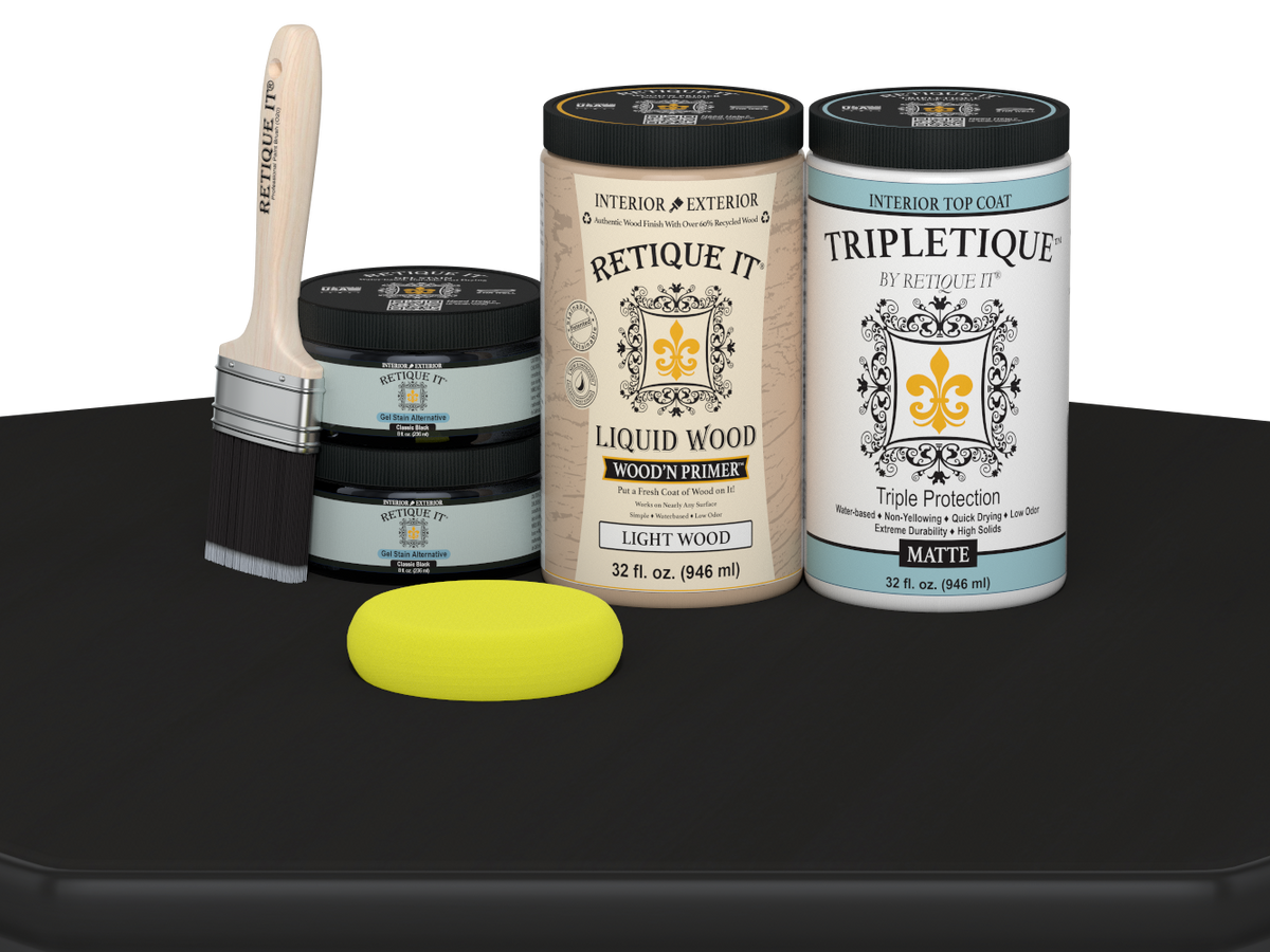 Large black wood finish kit by Retique It® with satin interior top coat, smooth wood surface, includes tools for finishing.