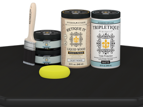 Large black wood finish kit by Retique It® with satin interior top coat, smooth wood surface, includes tools for finishing.