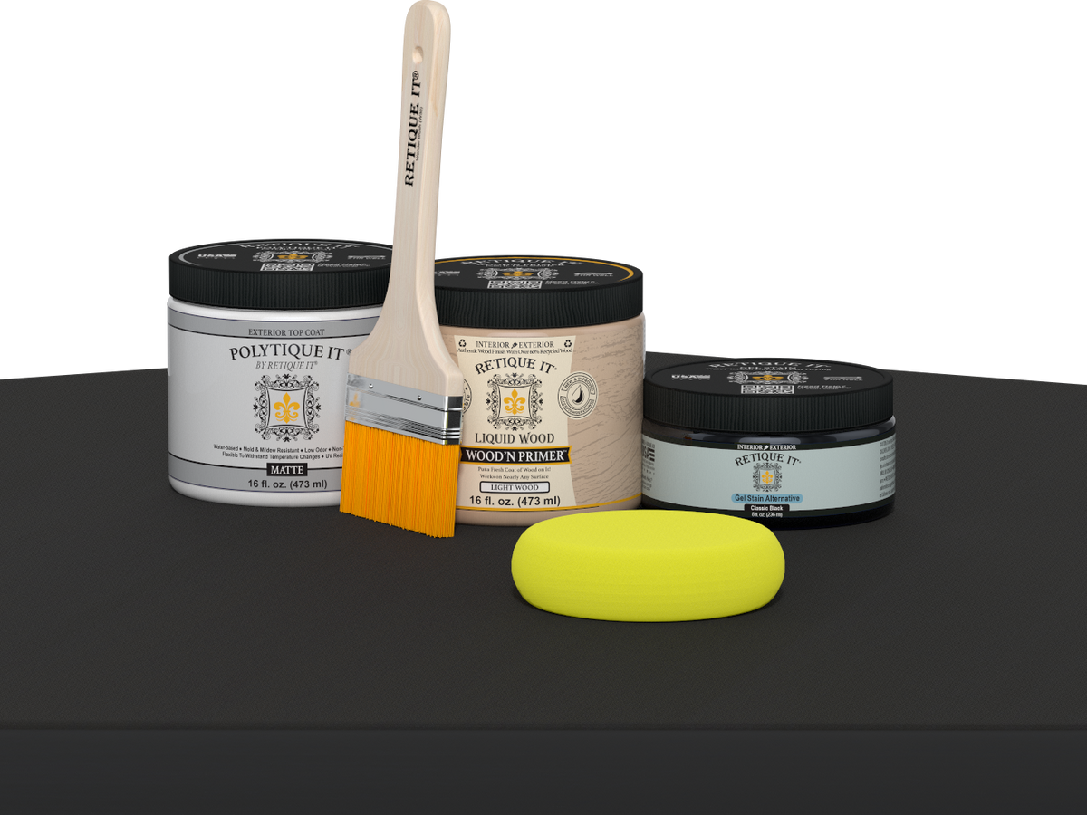 Retique It Multi-purpose Smooth Finish Kit in classic black for exterior wood with satin top coat, matte finish on wood surface.