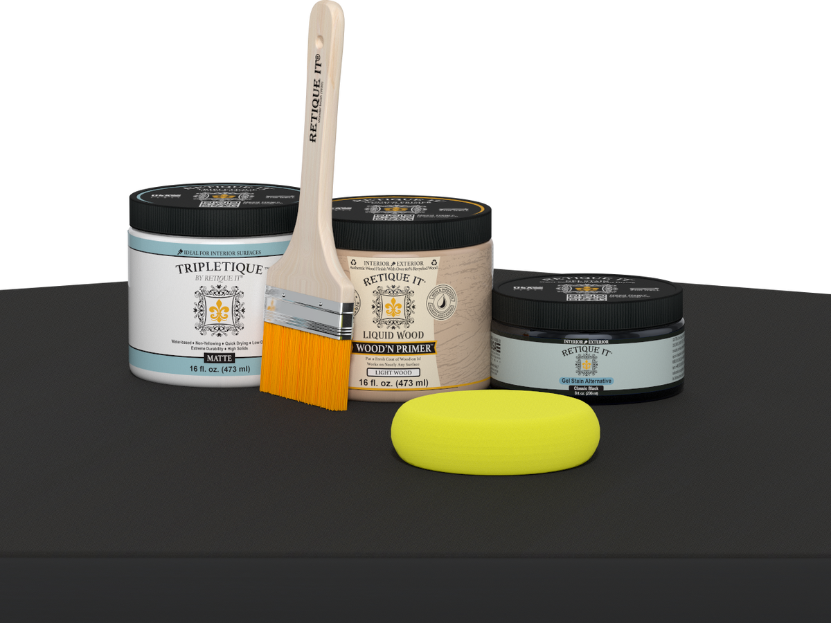 Retique It® Multi-purpose smooth finish kit in classic black for interior wood projects, featuring satin top coat and matte table surface.