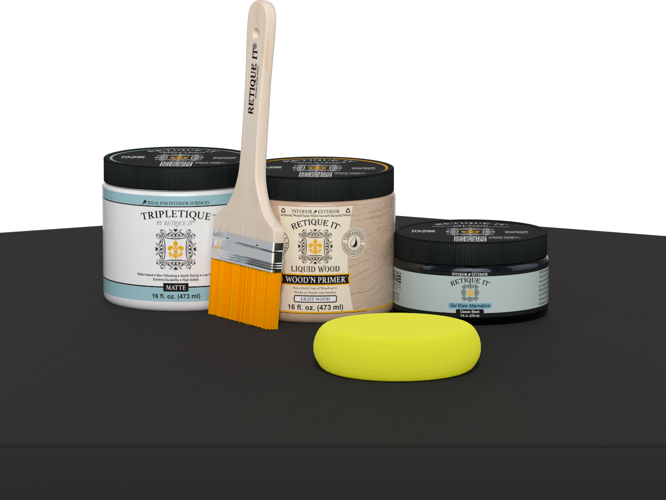 Retique It® Multi-purpose smooth finish kit in classic black for interior wood projects, featuring satin top coat and matte table surface.