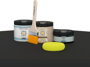 Retique It® Multi-purpose smooth finish kit in classic black for interior wood projects, featuring satin top coat and matte table surface.