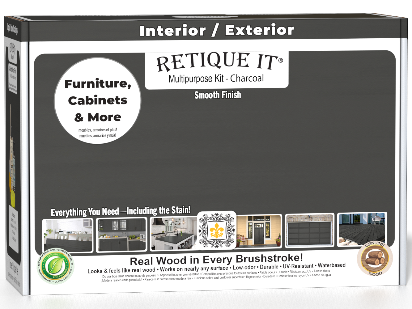 Retique It® Multi-purpose Smooth Finish Kit in Charcoal for interior wood surfaces, includes top coat and application tools in a box.