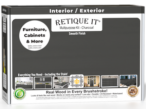 Retique It® Multi-purpose Smooth Finish Kit in Charcoal for interior wood surfaces, includes top coat and application tools in a box.