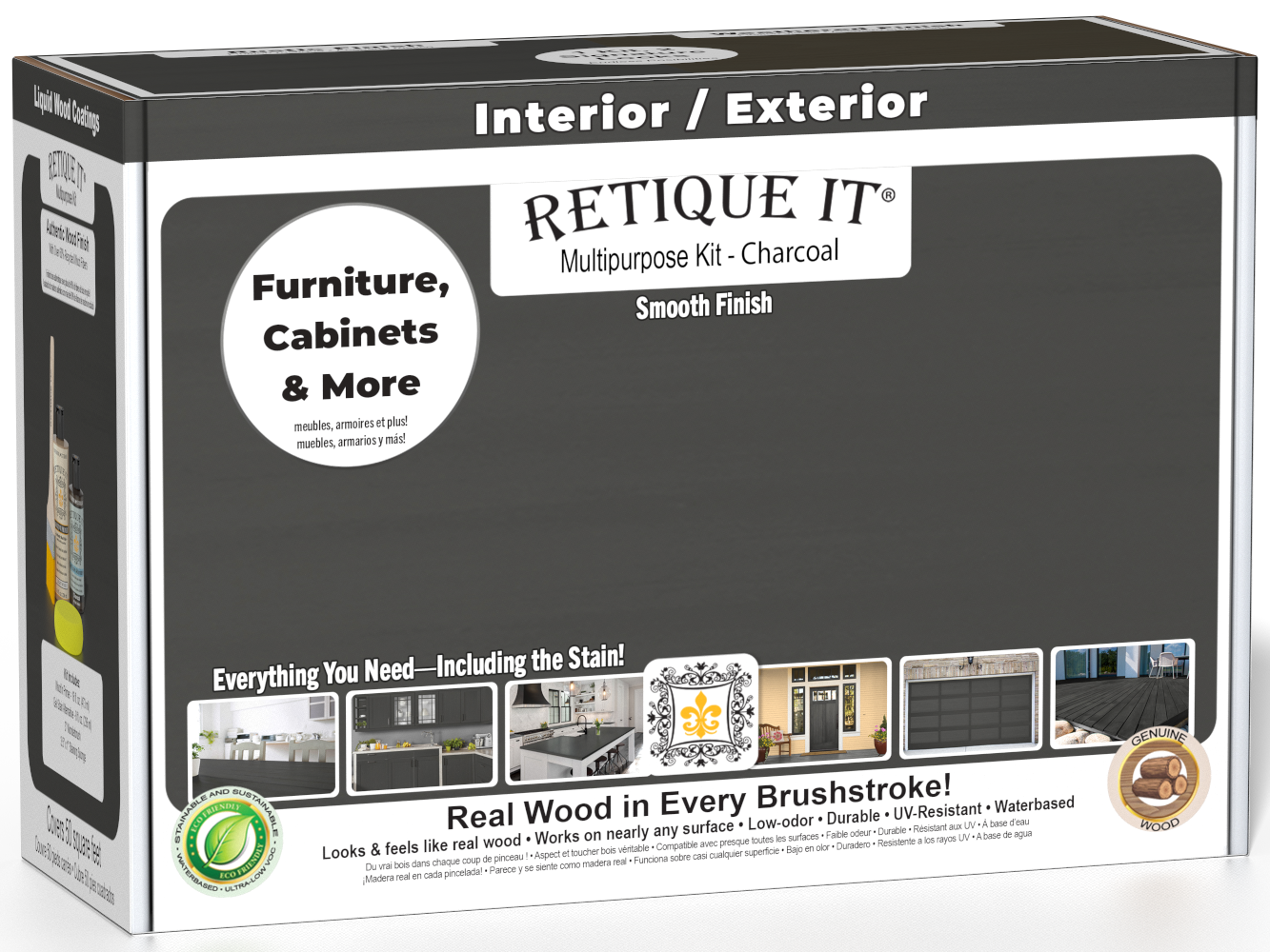 Retique It® Multi-purpose Smooth Finish Kit in Charcoal for interior wood surfaces, includes top coat and application tools.