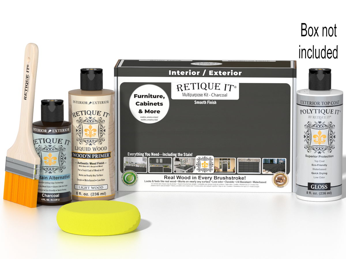 Retique It wood finish kit with charcoal exterior top coat, smooth gloss finish, includes application tools on a box.