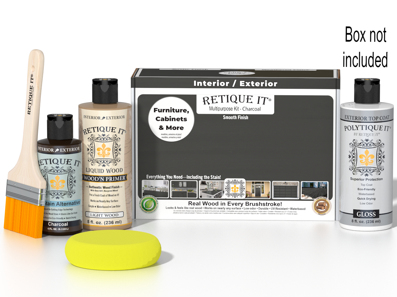 Retique It® wood finish kit with charcoal exterior top coat, smooth gloss finish, includes application tools on a box.