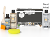 Retique It wood finish kit with charcoal exterior top coat, smooth gloss finish, includes application tools on a box.