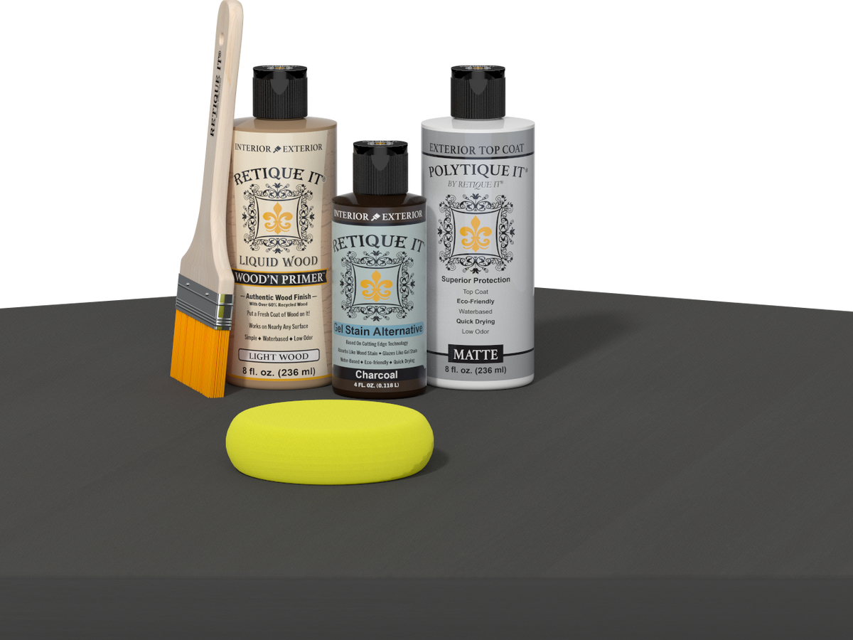 Charcoal Multi-purpose Smooth Finish Kit for exterior wood surfaces, part of Retique It® Wood'n Finish Kits, with top coat application.