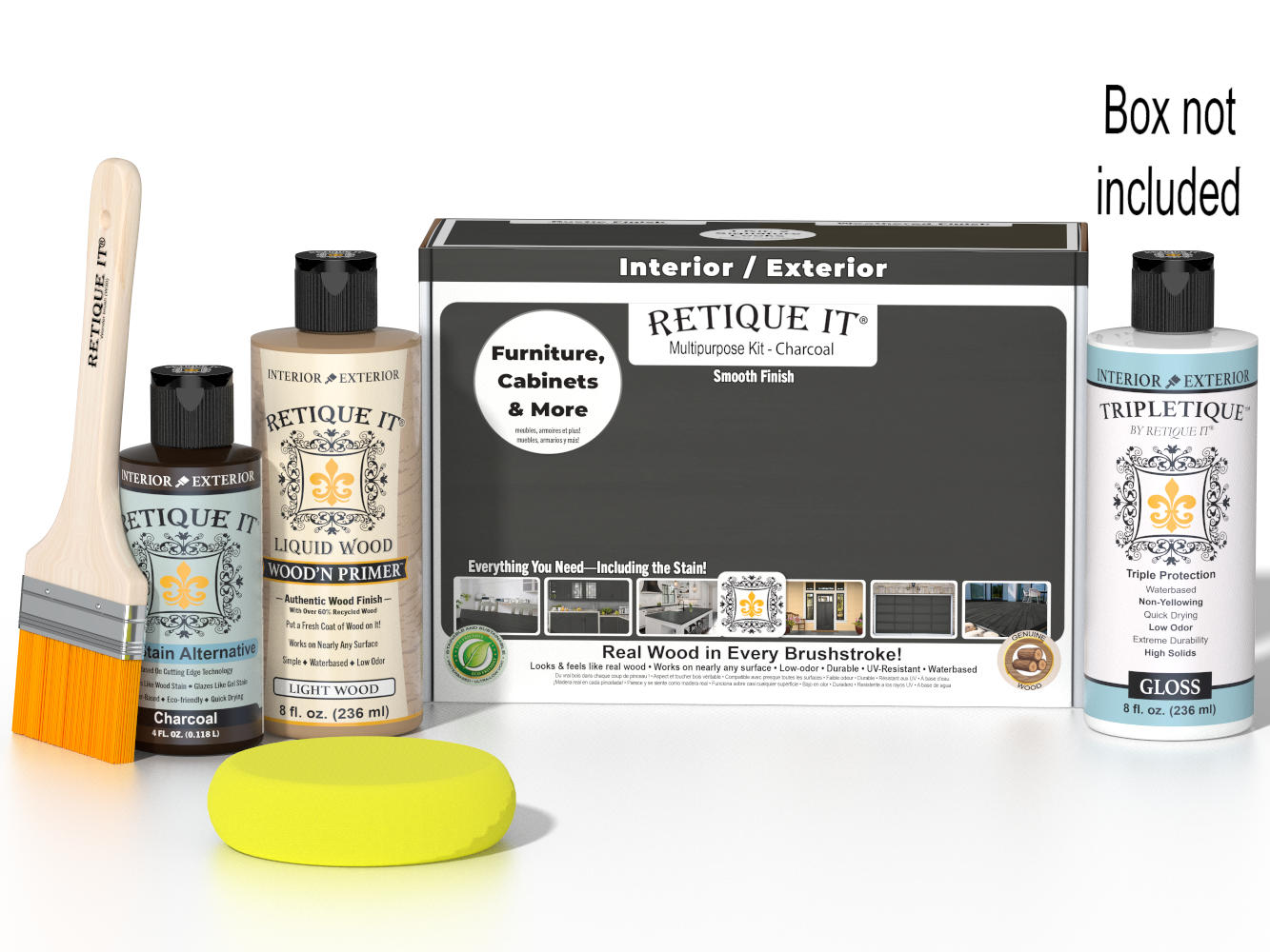 Retique It® Multi-purpose Smooth Finish Kit in charcoal for interior wood top coating, includes brushes and applicator tools.
