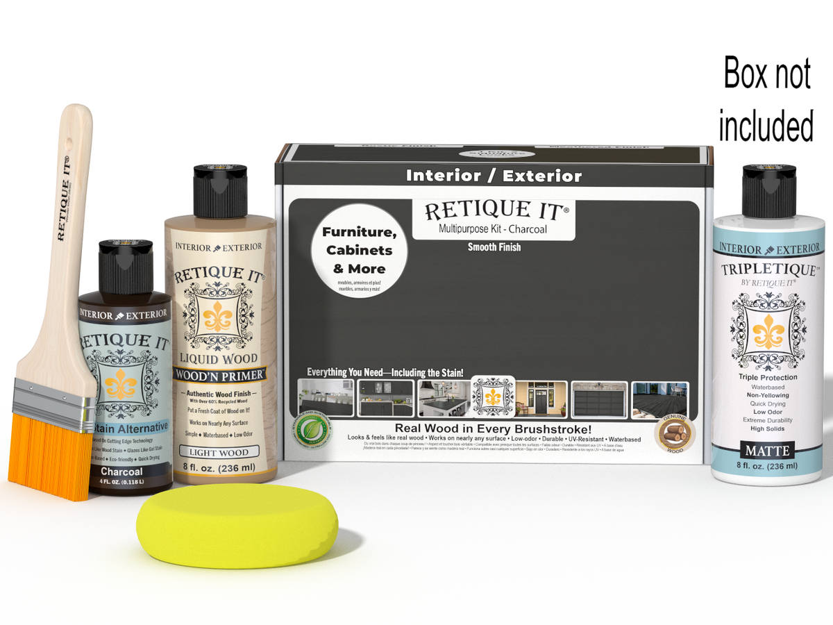 Retique It® Multi-purpose Smooth Finish Kit in charcoal for interior wood surfaces, includes top coat and matte finish components.