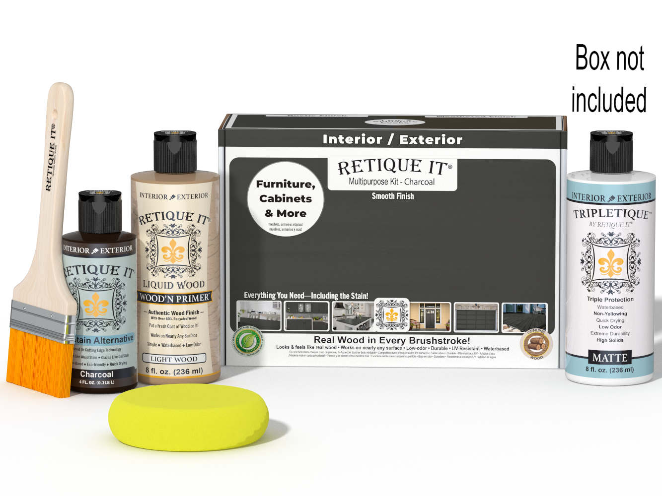 Retique It® Charcoal Multi-purpose Smooth Finish Kit for interior wood projects, includes top coat and application tools.