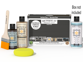 Retique It® Charcoal Multi-purpose Smooth Finish Kit for interior wood projects, includes top coat and application tools.