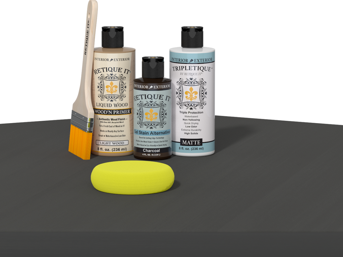 Retique It® multi-purpose charcoal satin finish wood interior top coat kit with smooth finish, ideal for wood furniture and surfaces.