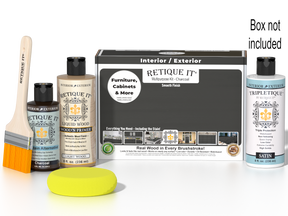 Retique It® Multi-purpose Smooth Finish Kit in charcoal for interior wood projects, includes top coat and application tools.