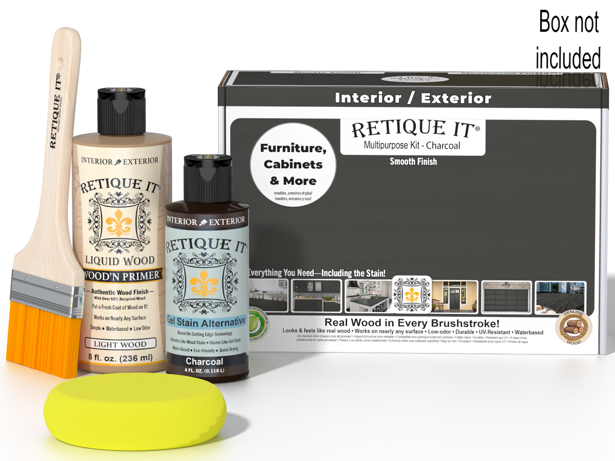 Retique It® wood finish kit in charcoal with smooth finish, including applicator tools and wood stain products.