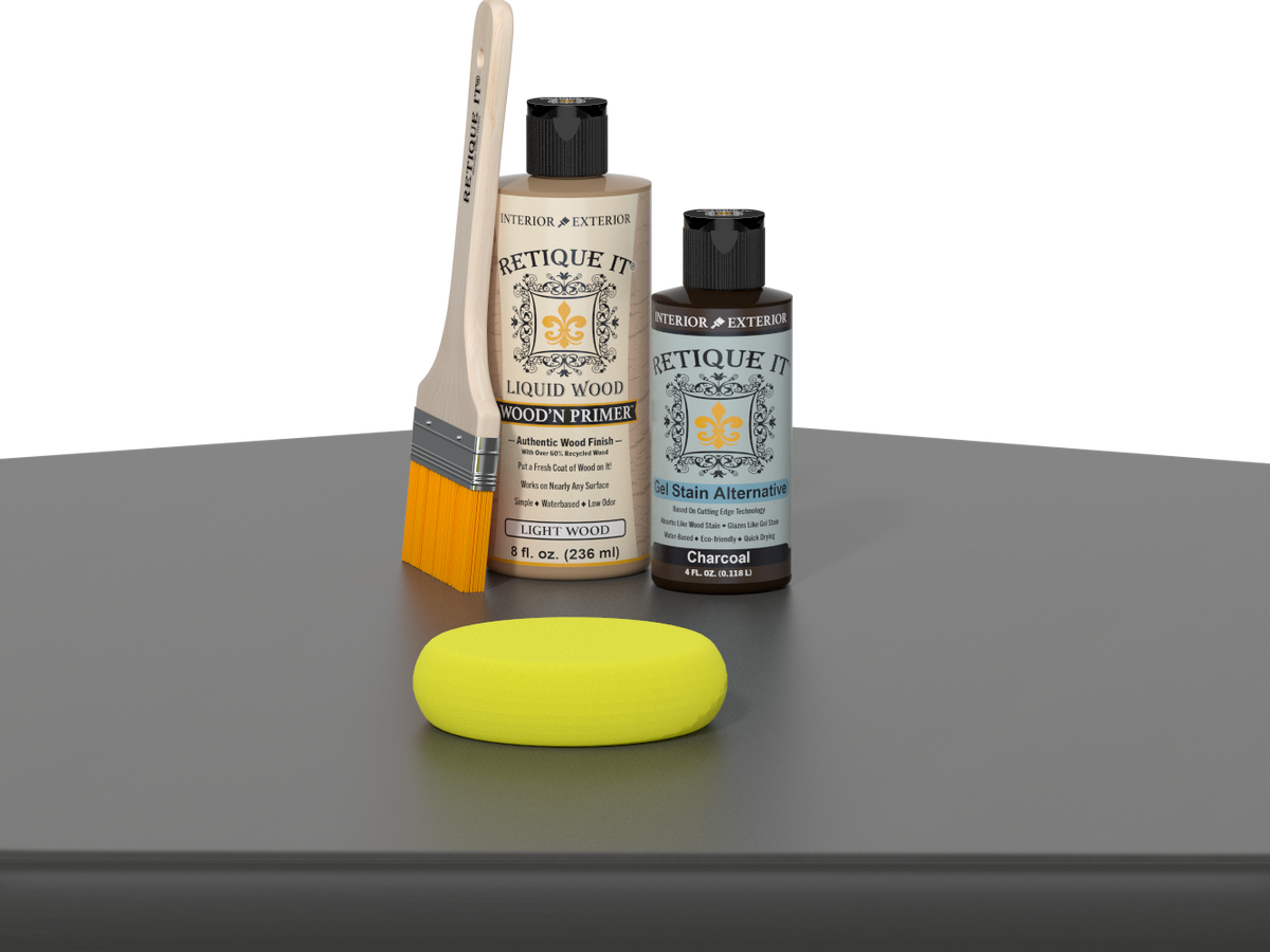 Retique It® Multi-purpose Smooth Finish Kit in Charcoal, wooden table with smooth finish, showcasing wood grain and application tools.