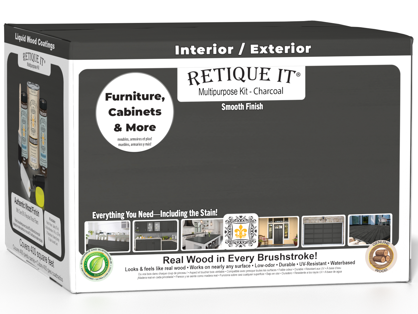 Retique It® Multi-purpose Smooth Finish Kit in Charcoal, interior top coat for wood, with four large matte wood finish containers.