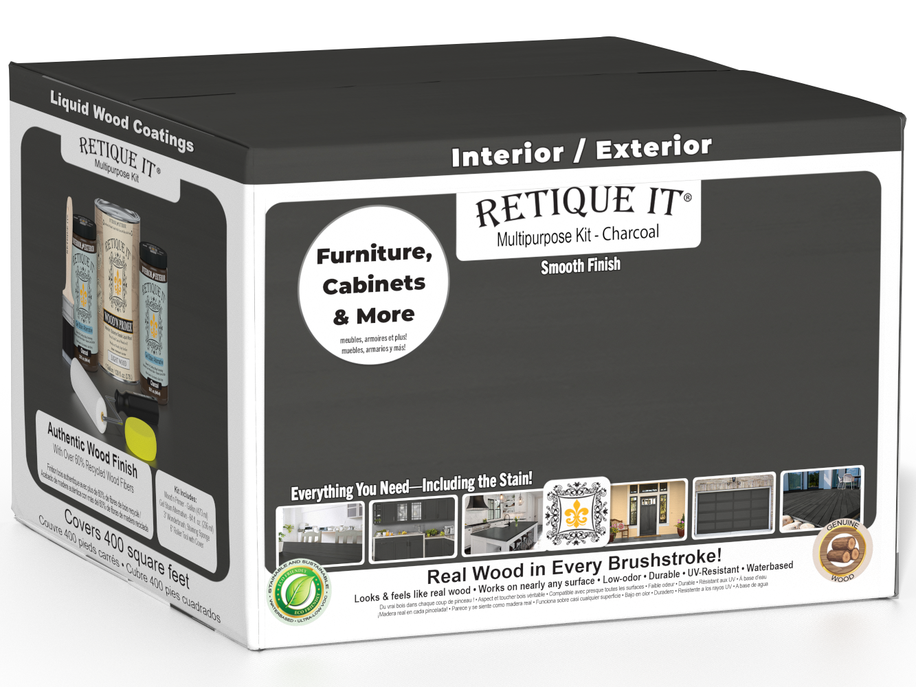 Retique It® charcoal multi-purpose smooth finish kit with four large interior top coat wood finish bottles in matte, for wood furniture.