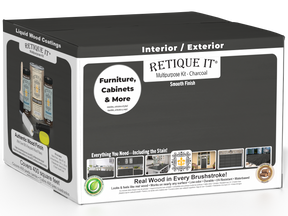 Retique It® charcoal multi-purpose smooth finish kit with four large interior top coat wood finish bottles in matte, for wood furniture.