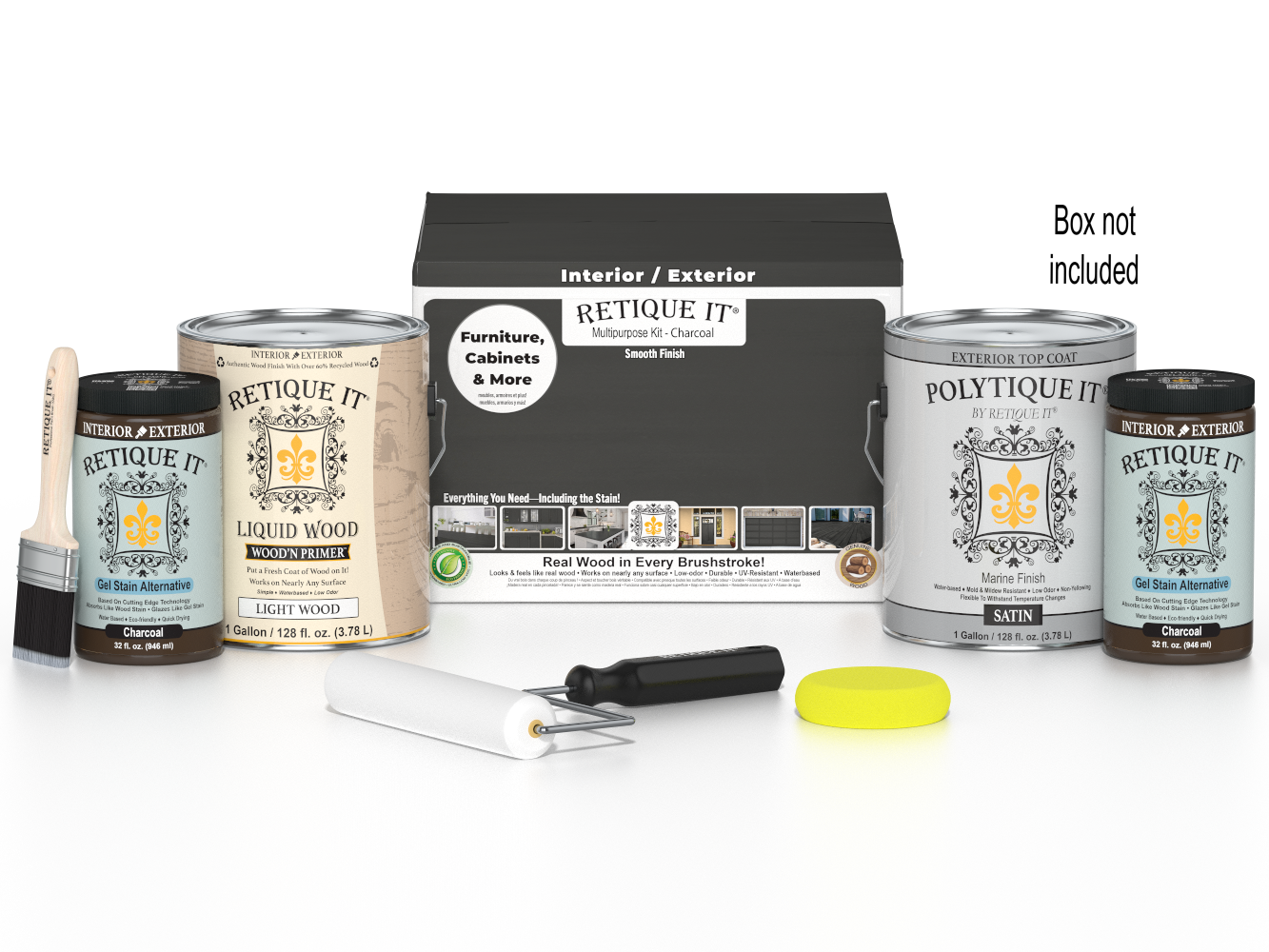 Retique It® Wood'n Finish Kit in Charcoal, large multi-purpose exterior top coat set with four bottles and application tools.