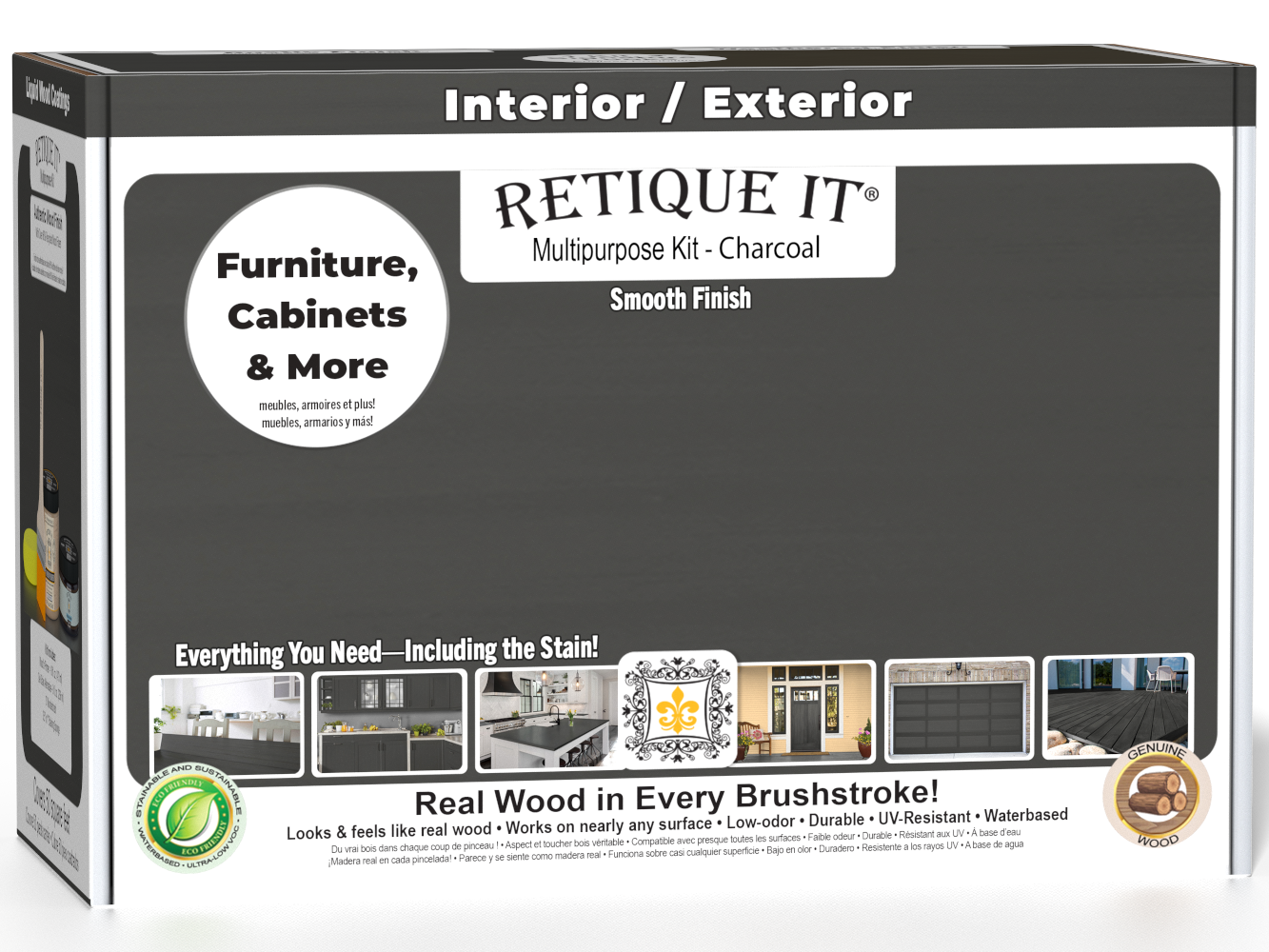 Retique It® Multi-purpose Smooth Finish Kit (Med) in Charcoal for exterior wood projects, satin top coat and application tools included.