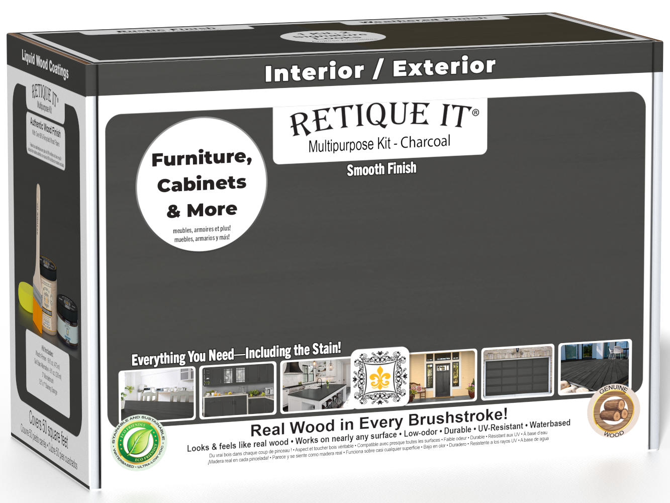 Retique It® multi-purpose wood finish kit in charcoal for interior top coat with a smooth, matte finish on wood surfaces.
