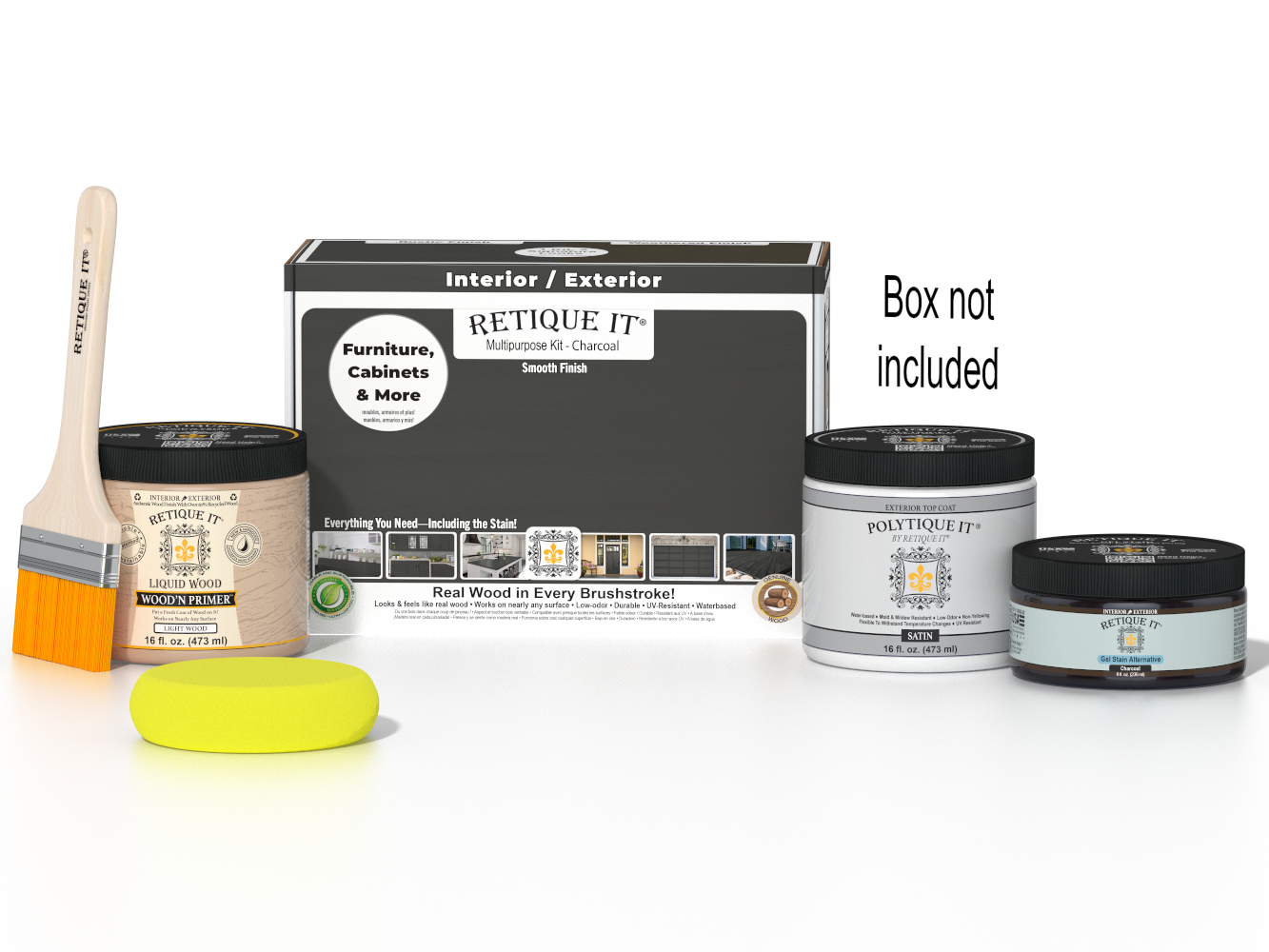 Retique It® Multi-purpose Smooth Finish Kit in charcoal for exterior wood, includes satin top coat and application tools.