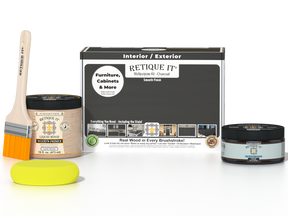 Retique It® Multi-purpose Smooth Finish Kit in charcoal for wood furniture, featuring tools and products for a sleek, even finish.