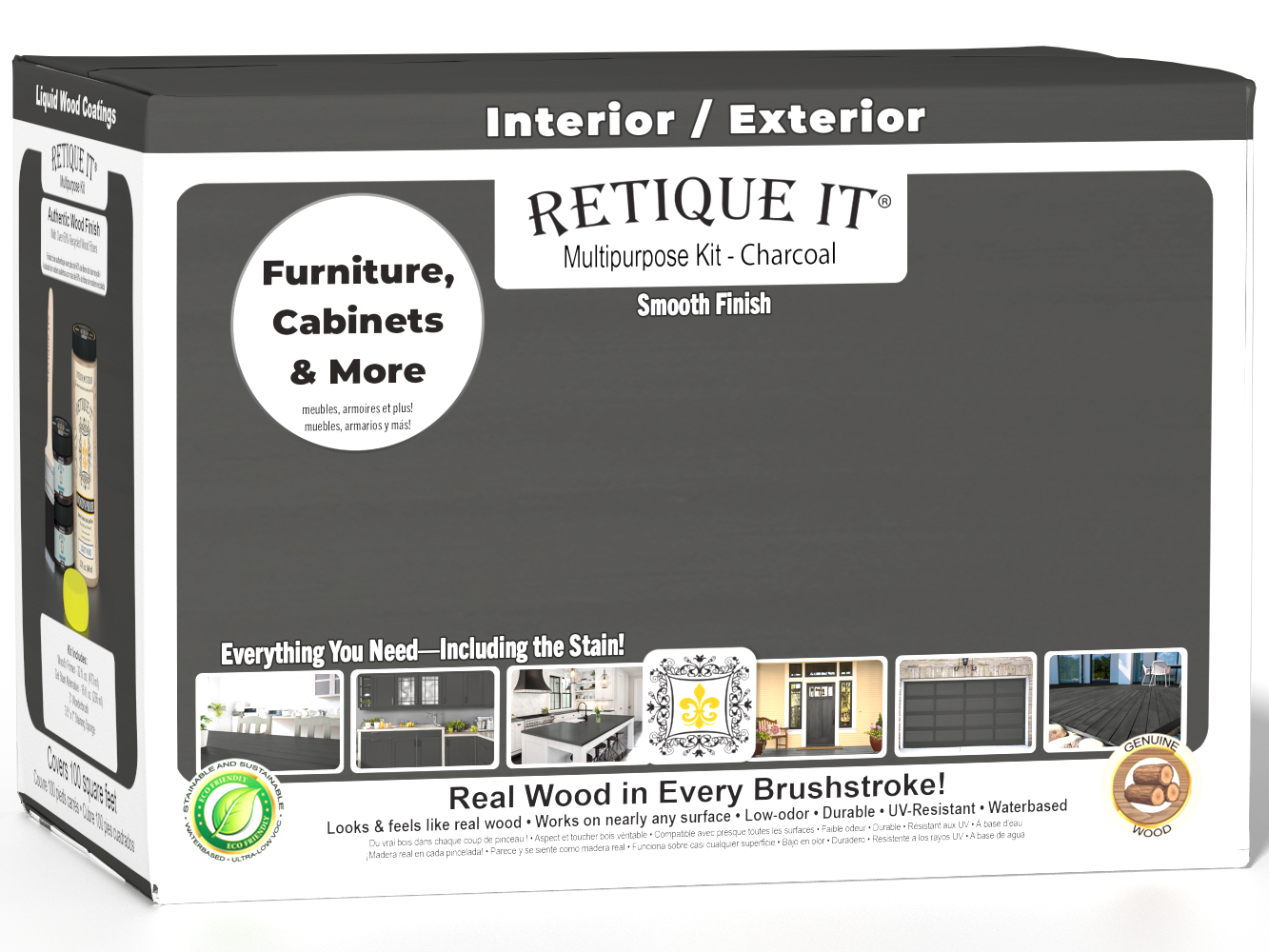 Large Charcoal Multi-purpose Smooth Finish Kit by Retique It® for exterior wood furniture with matte top coat and charcoal stain.