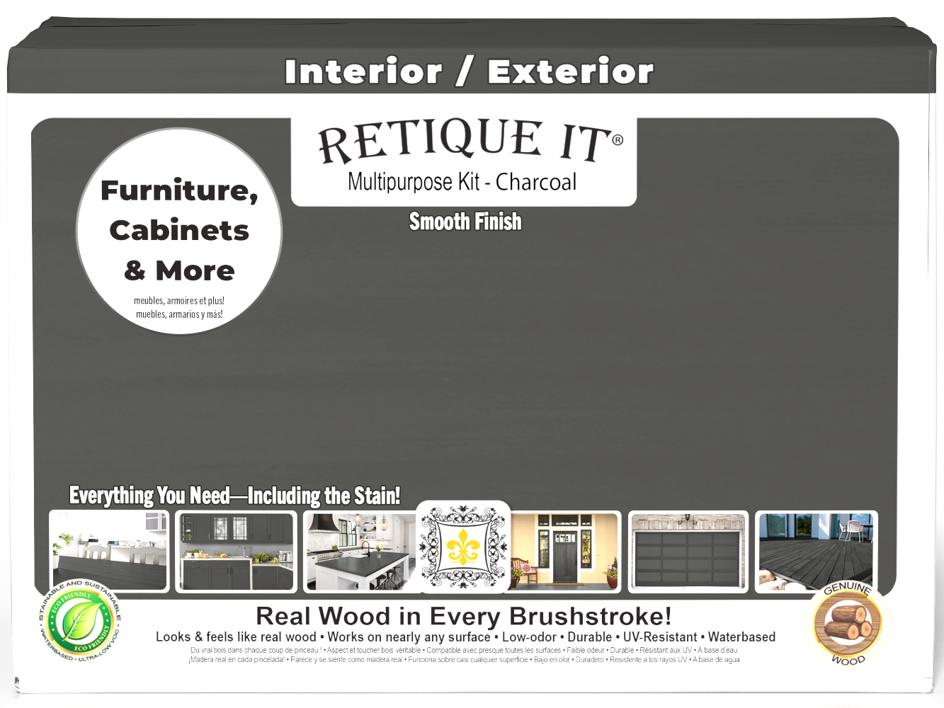 Large Charcoal Wood'n Finish Kit by Retique It® with smooth finish components in a box for multi-purpose wood finishing.