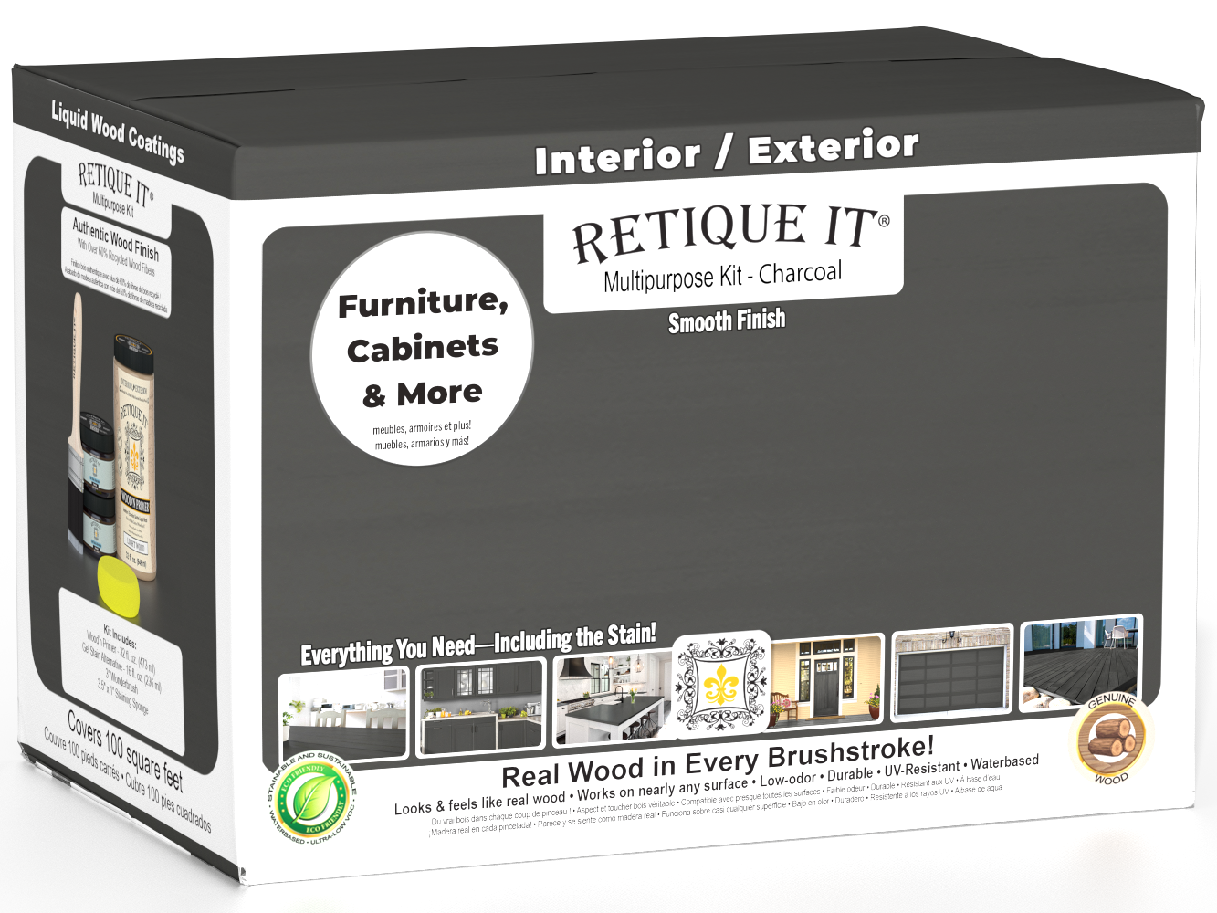 Large charcoal wood finish kit by Retique It® with exterior top coat and matte smooth finish, shown in the box with application tools.