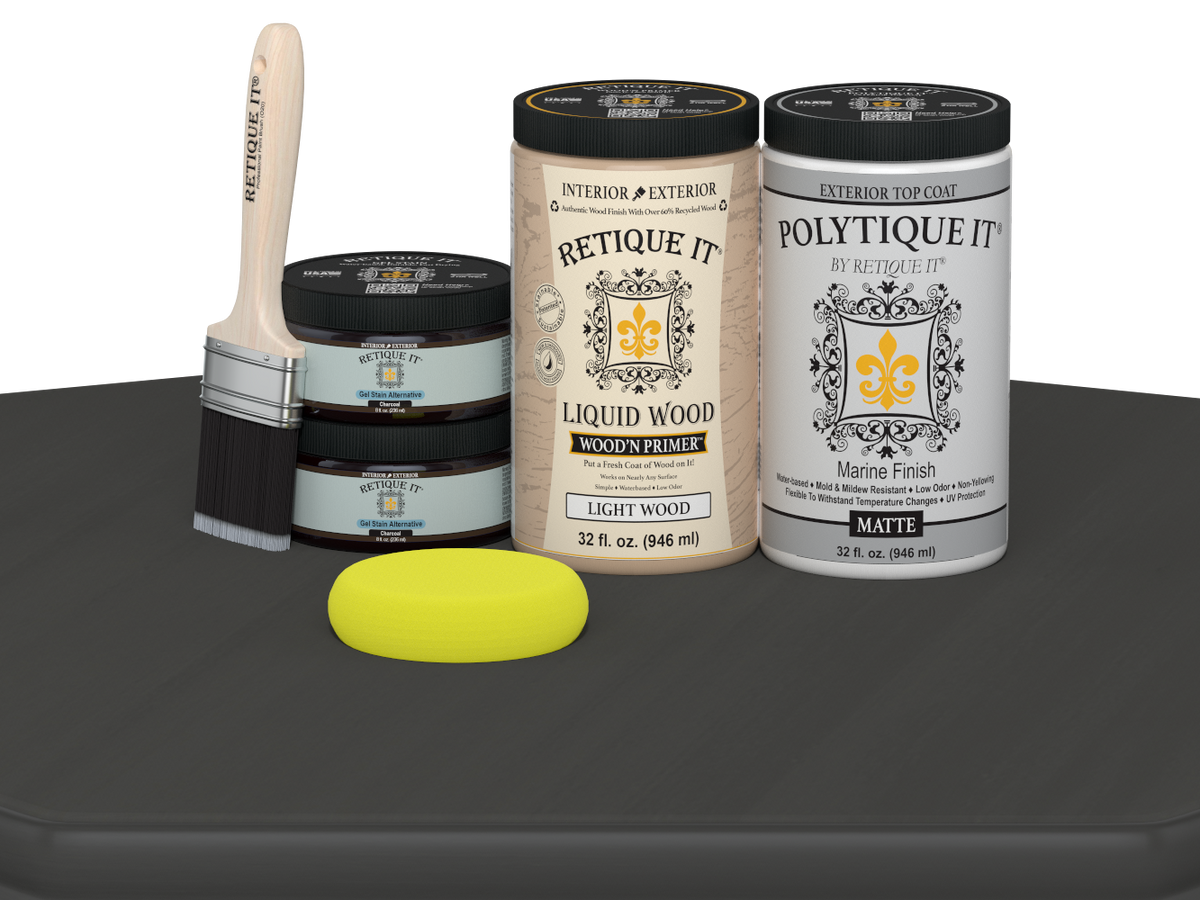 Retique It® large charcoal multi-purpose wood finish kit with satin exterior top coat, smooth matte finish for wood projects