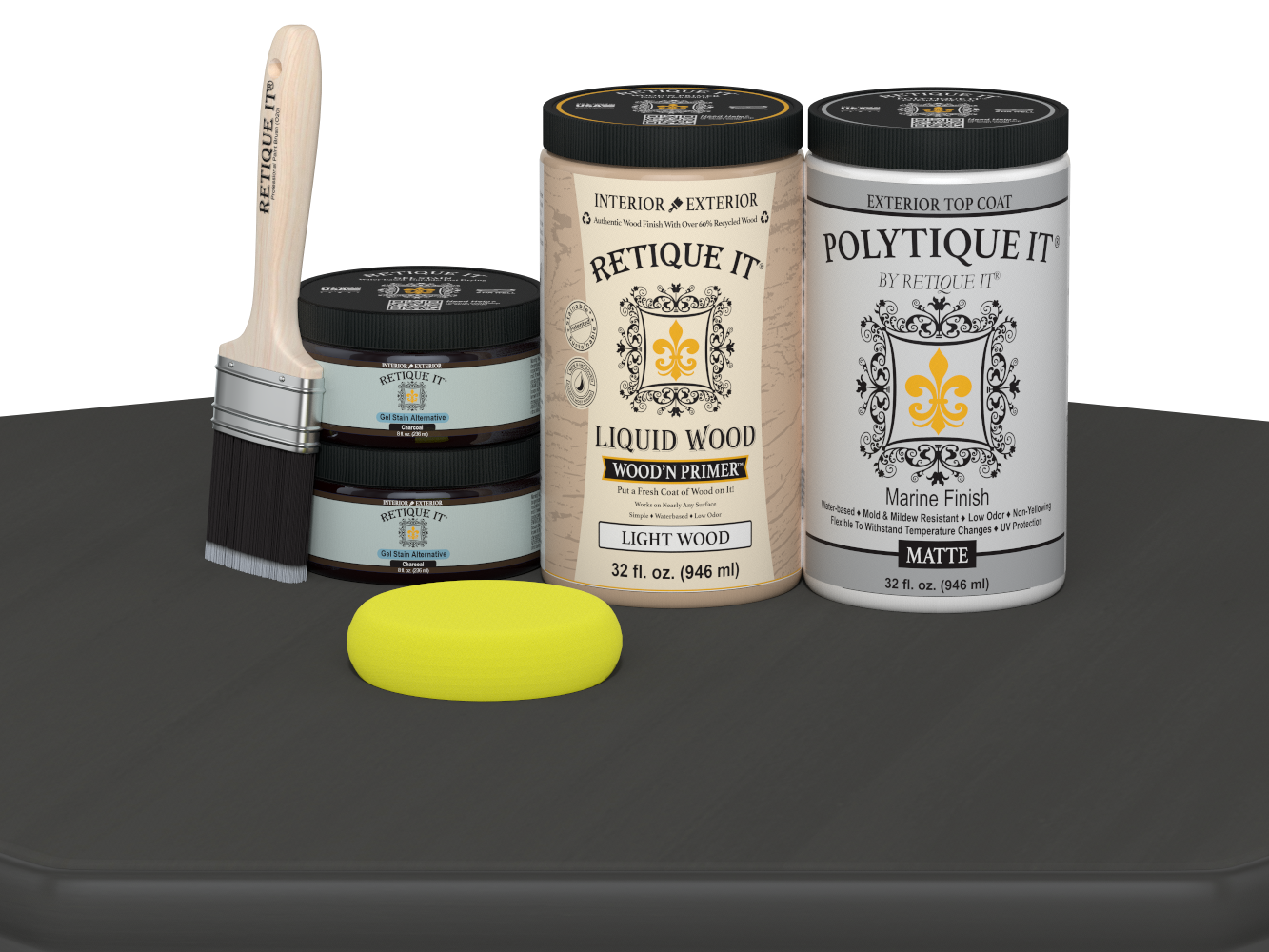 Retique It® large charcoal multi-purpose wood finish kit with satin exterior top coat, smooth matte finish for wood projects