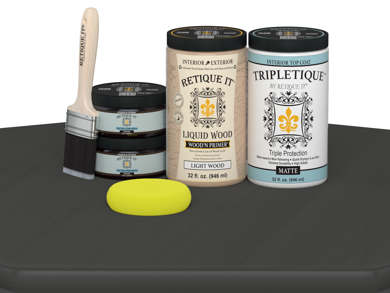 Retique It® Multi-purpose Smooth Finish Kit (Large) in charcoal for interior wood projects, satin top coat, matte finish.