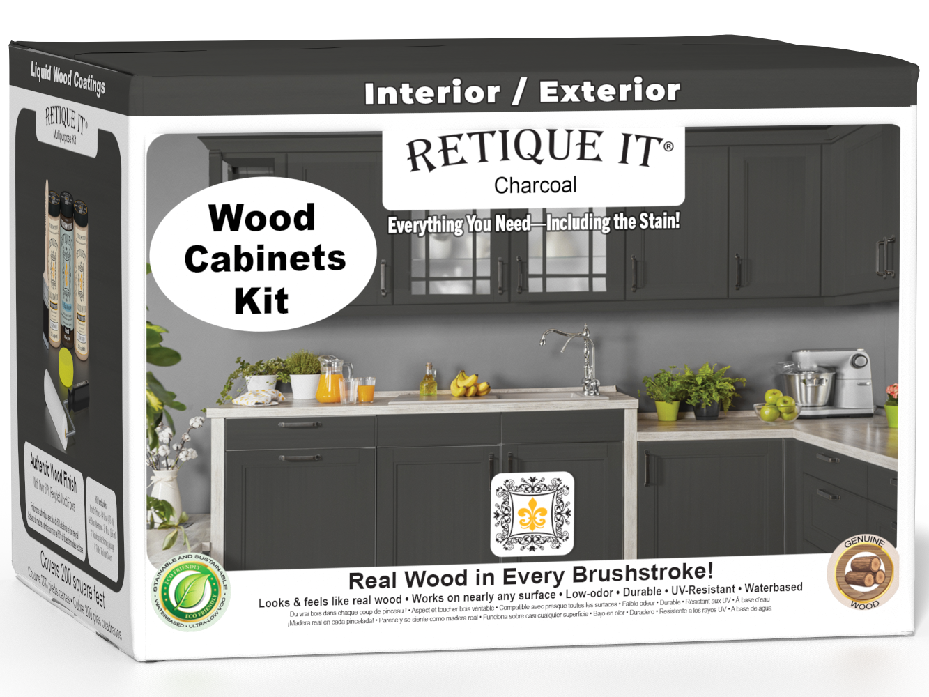 Retique It® Wood'n Cabinet Kit with 24 charcoal-colored smooth cabinet doors, stain finish for kitchen or bathroom cabinetry.