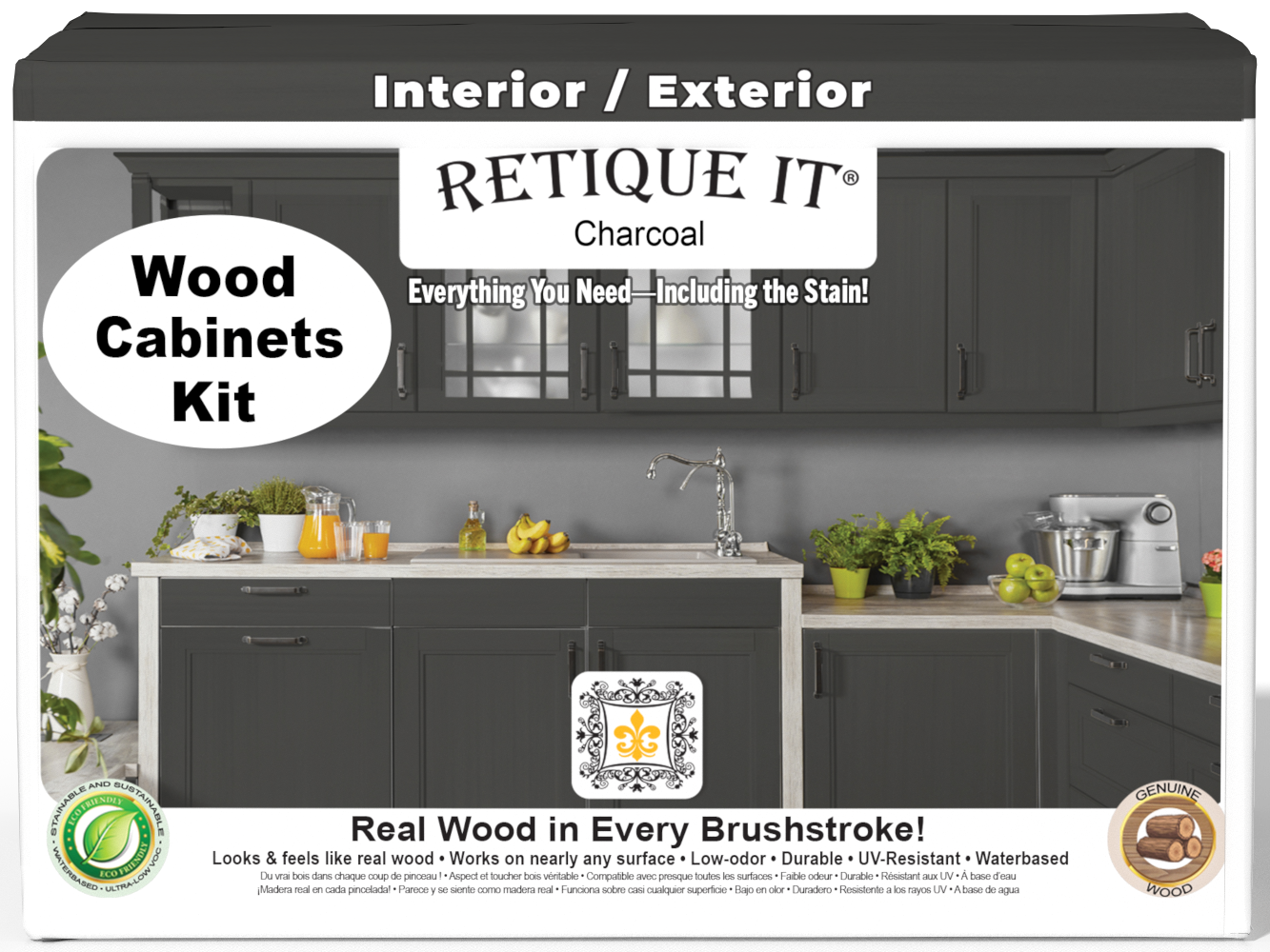 Retique It® Wood'n Cabinet Kit with 24 charcoal-stained cabinet doors, smooth finish, showcasing modern kitchen cabinetry.
