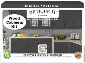 Retique It® Wood'n Cabinet Kit with 24 charcoal-stained cabinet doors, smooth finish, showcasing modern kitchen cabinetry.