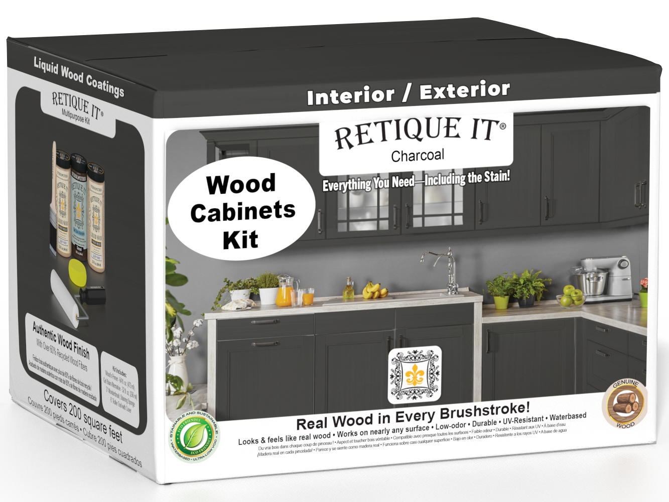 Retique It® Wood'n Cabinet Kit with 24 smooth charcoal stain doors, showcasing modern cabinet design and finish.