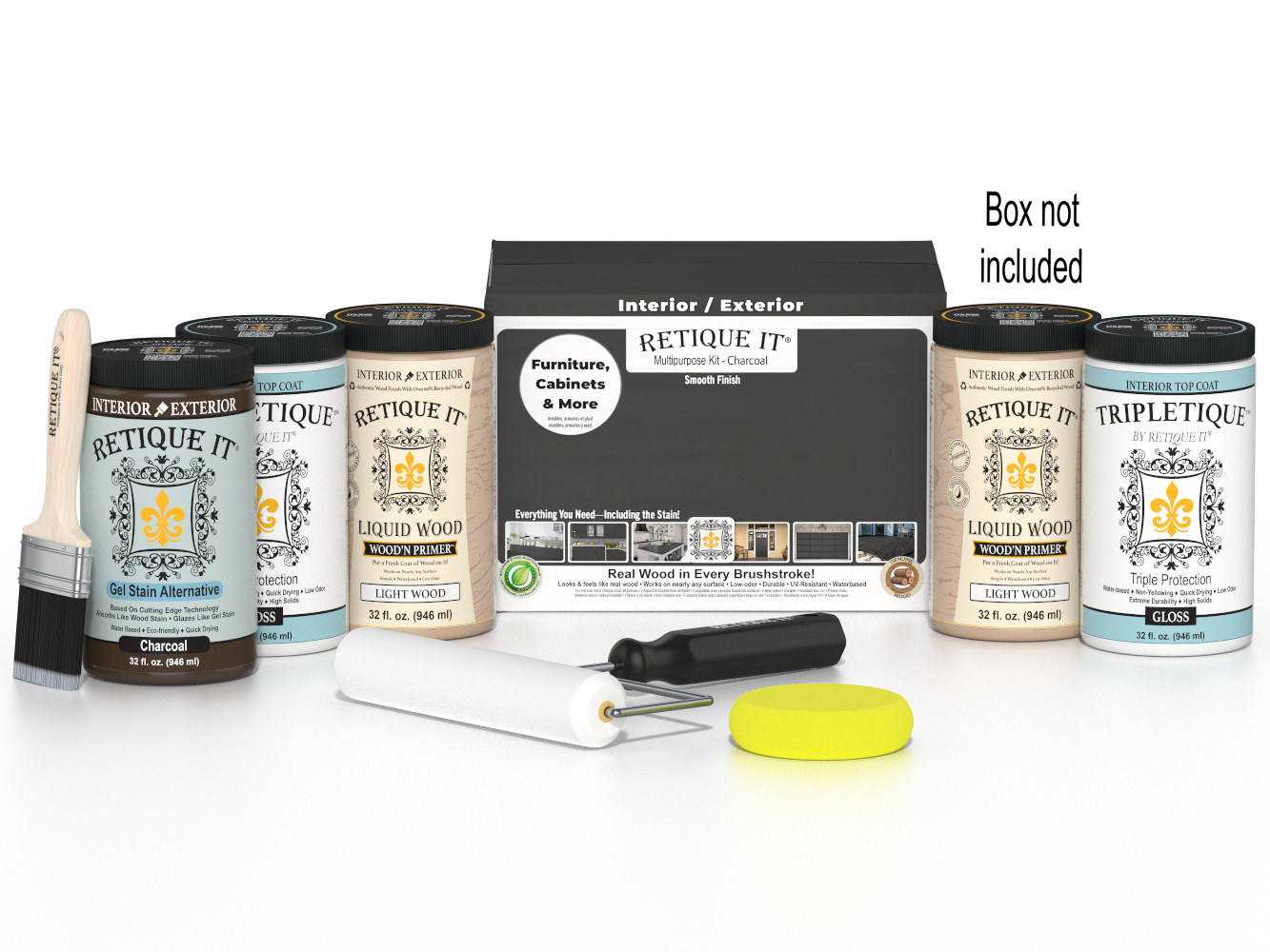 Retique It® Multi-purpose Smooth Finish Kit for interior wood projects, includes 4 charcoal gloss top coats with a smooth finish.